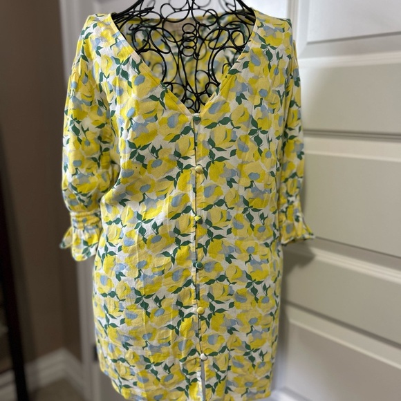 LOFT Yellow and Blue Floral Ruffled 3/4 Sleeve Blouse - Picture 5 of 7